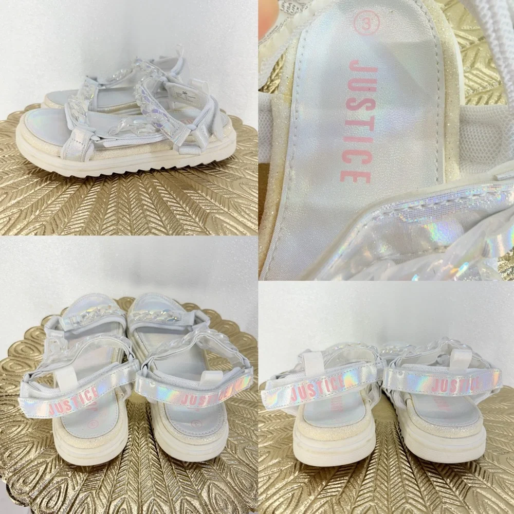 Justice‎ Girls Sandals Size 3 White Iridescent Chain Platform NWOT